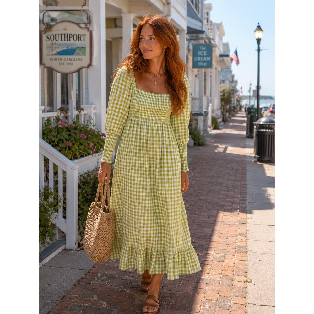 Ghospell Lime Green Gingham Smocked Maxi Dress Square Neck Puff Sleeve Medium